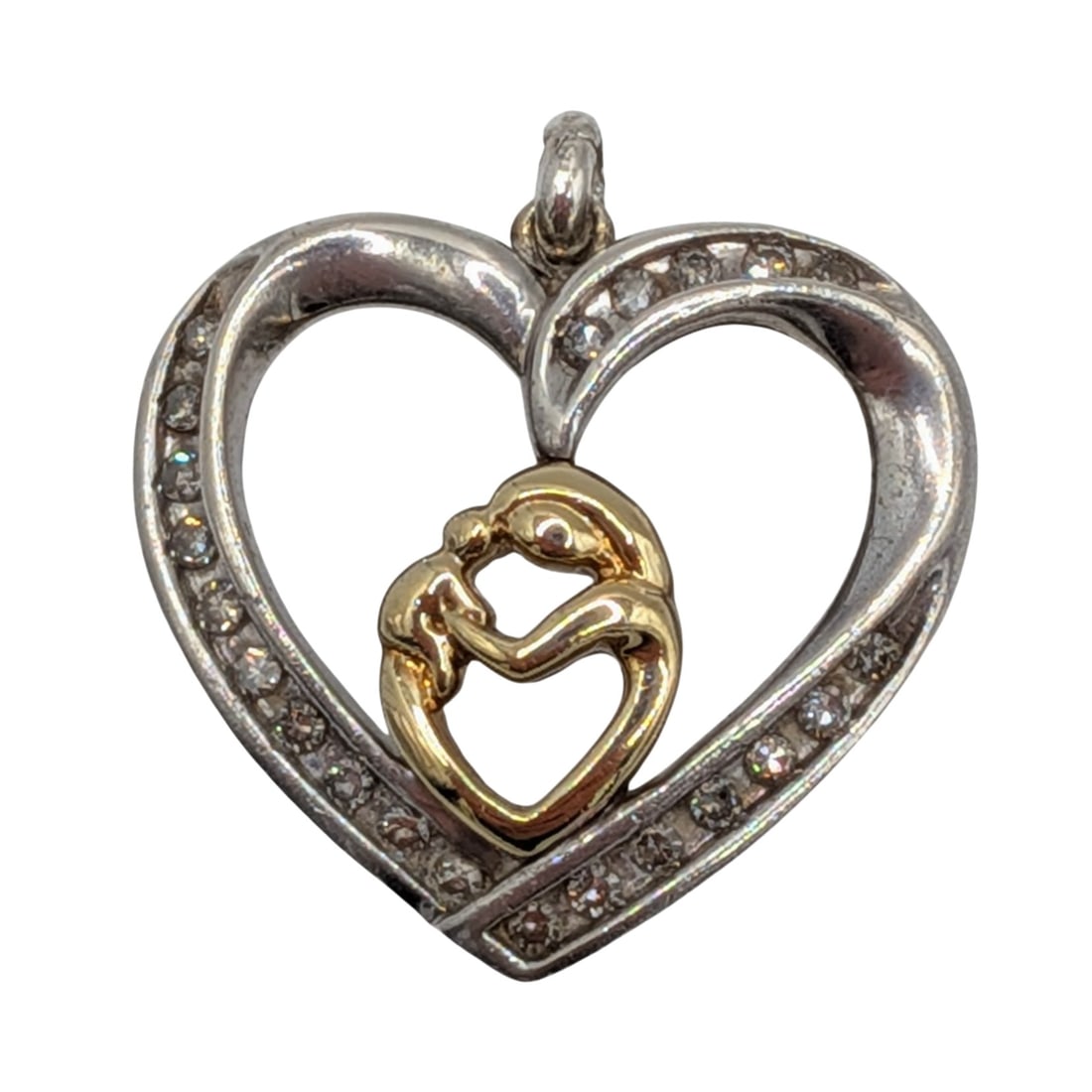 Signed 14K Yellow Gold Sterling Silver Mother and Child Heart Pendant: Signed 14K Yellow Gold, Sterling Silver Mother and Child Heart Pendant. Signed 925 14K AJ. 2.7g
