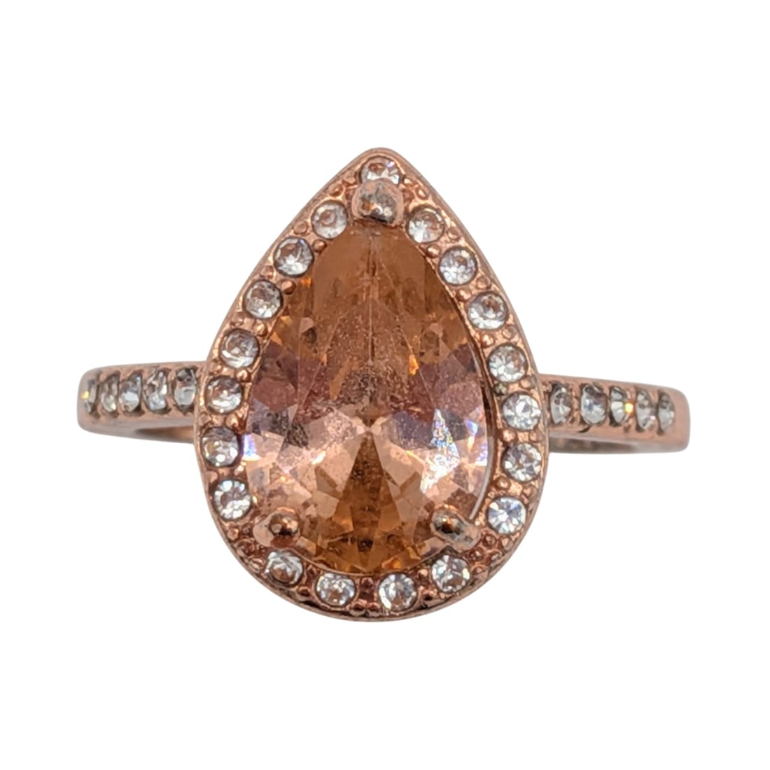 Rose Gold over Sterling Silver Rhinestone Pear Cut Halo Ring Size 7.5: Rose Gold Over Sterling Silver, Rhinestone Pear Cut Halo Ring. Size 7.5. Signed 925. 4g