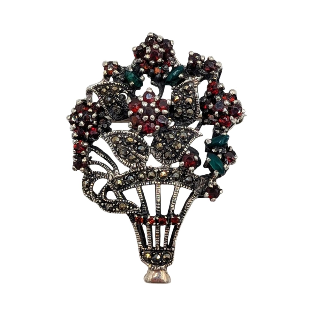 Signed Sterling Silver Multi-Stone Floral Vase Brooch Pendant: Signed Sterling Silver, Garnet, Emerald, Marcasite Floral Vase Brooch Pendant. Signed W 925 Thai. 10.4g