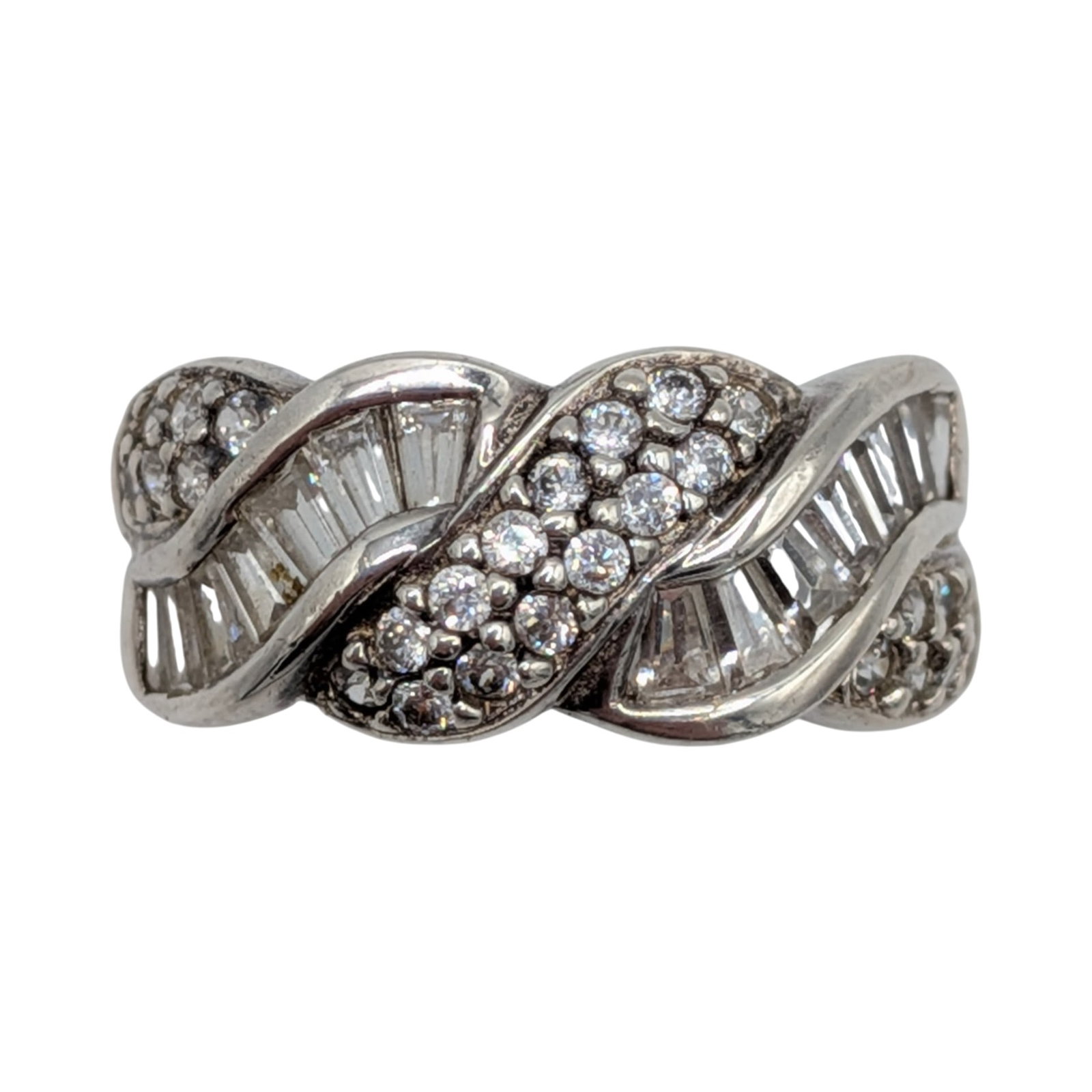 Signed Sterling Silver CZ Double Cut Twist Statement Ring Size 7: Signed Sterling Silver, CZ Baguette Cut Round Cut Double Twist Statement Ring. Size 7. Signed Dna 925 Thailand. 4.5g