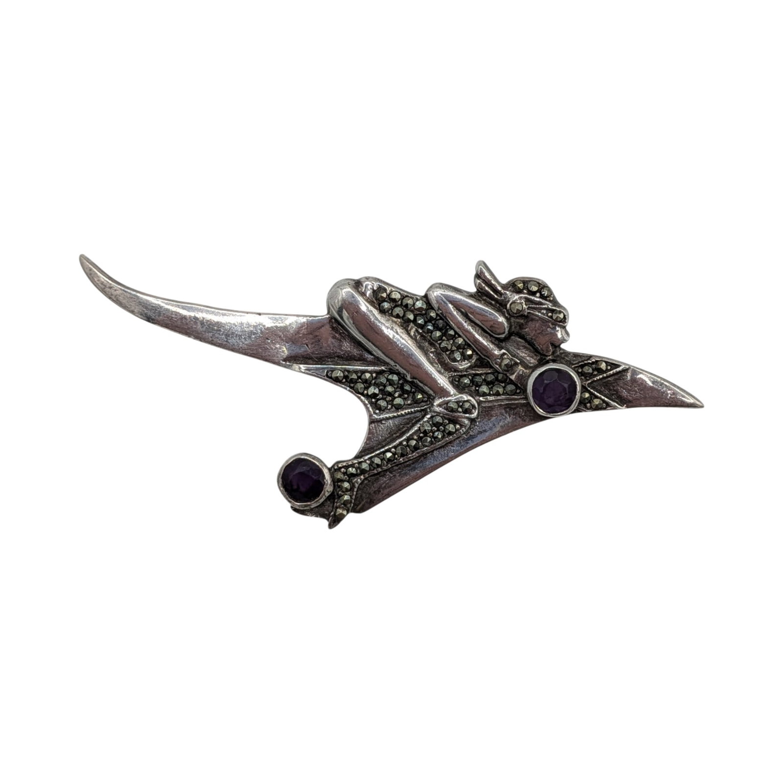 Signed Sterling Silver Amethyst Marcasite Woman Rocket Rider Brooch: Signed Sterling Silver, Amethyst, Marcasite Woman Rocket Rider Brooch. Signed 925 TH. 11.7g