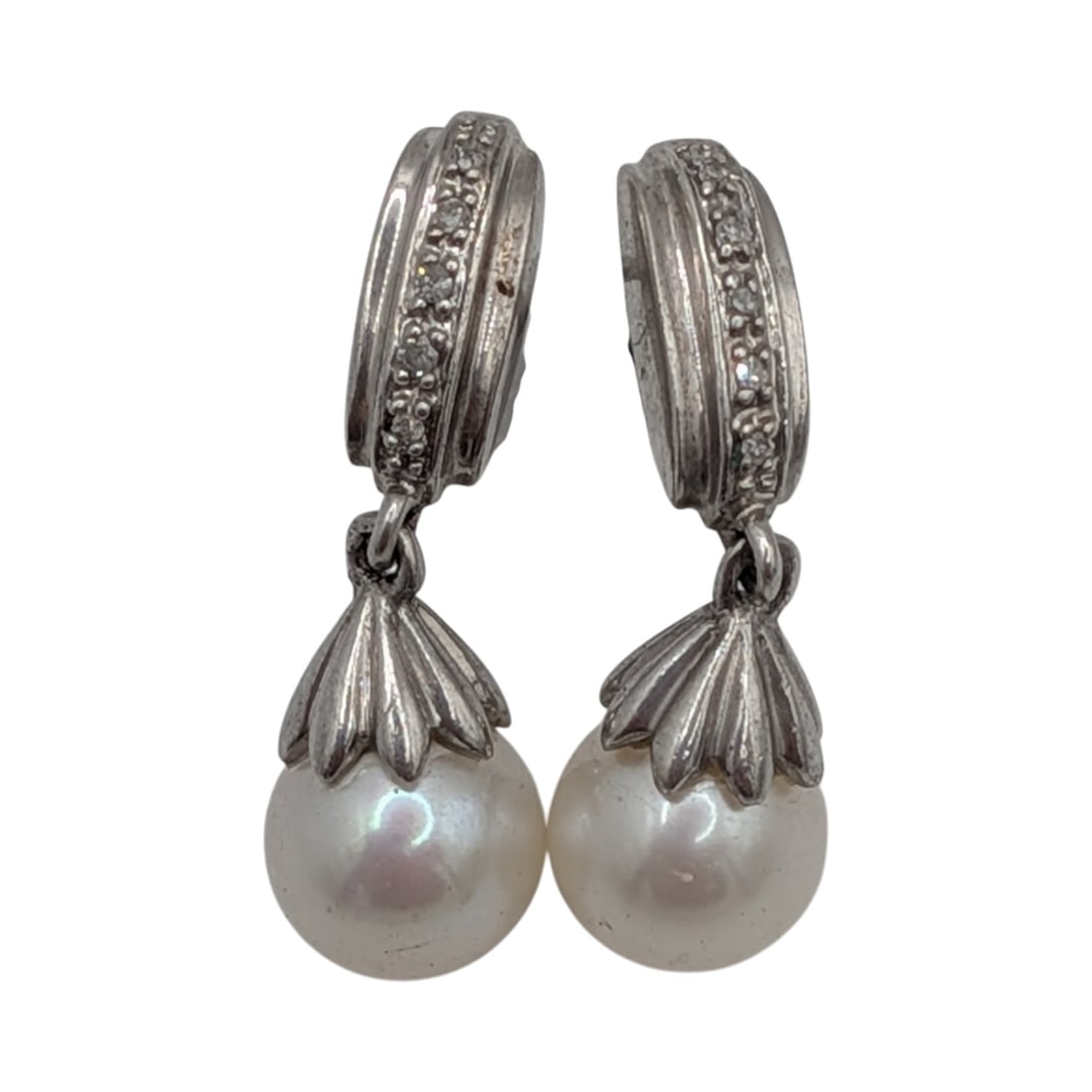 Signed Sterling Silver Diamond Pearl Drop Stud Earrings: Signed Sterling Silver, Diamond, Pearl Drop Stud Earrings. Signed 925 N c. 3g