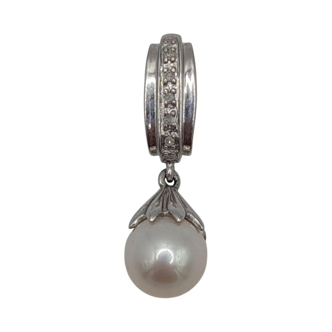 Signed Sterling Silver Diamond Pearl Drop Slide Pendant (1 of 3)