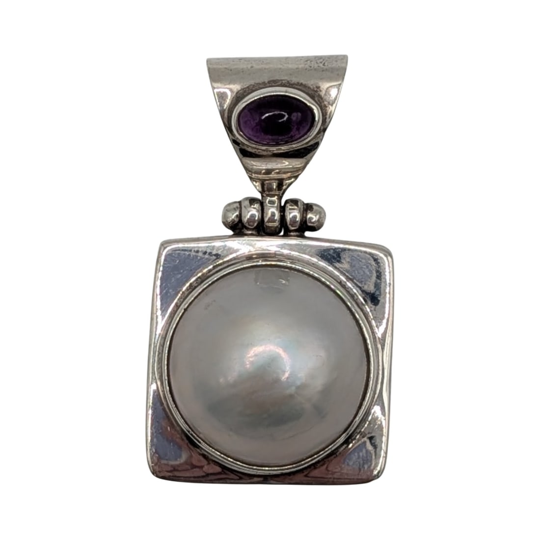 Signed Sterling Silver Pearl Amethyst Square Hinge Pendant: Signed Sterling Silver, Pearl, Amethyst Square Hinge Pendant. Signed signature 925. 8.5g