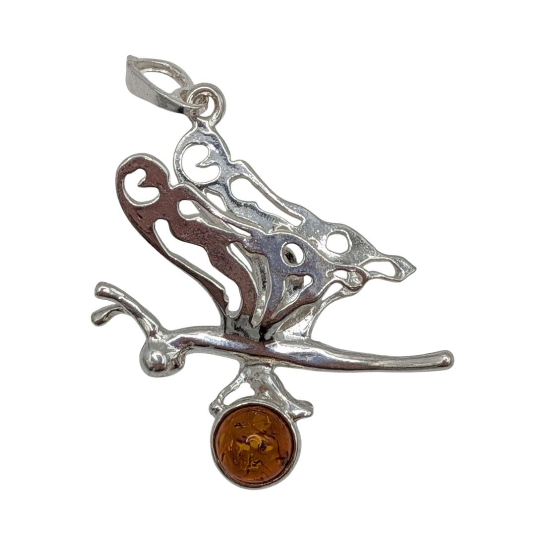 Sterling Silver Amber Butterfly Profile Pendant: Sterling Silver, Amber Butterfly Profile Pendant. Signed 925. 2.9g