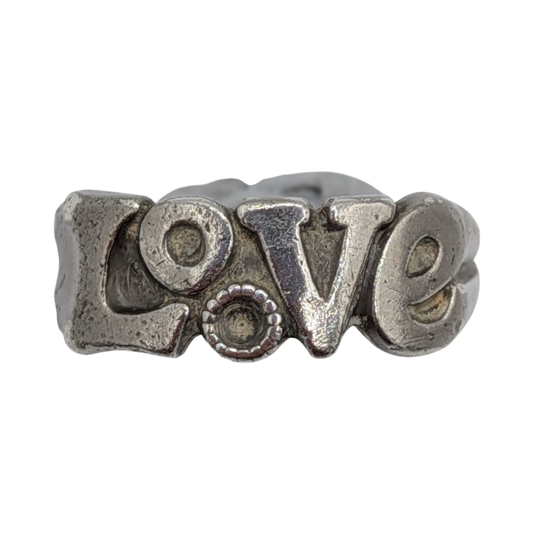 Signed Sterling Silver Love Script Ring Size 4.5: Signed Sterling Silver Love Script Ring. AS IS missing small stone under O. Size 4.5. Signed Sterling BAR. 6.5g