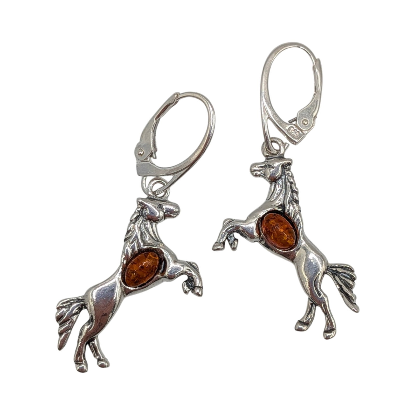 Signed Sterling Silver Amber Horse Drop Earrings (1 of 3)