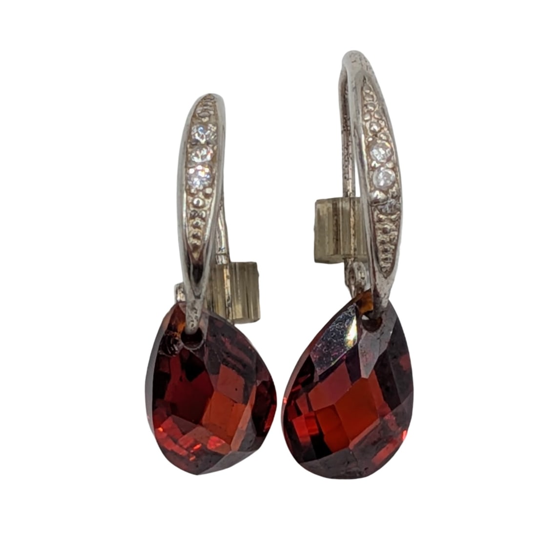 Signed Sterling Silver Rhinestone Pear Cut Drop Hoop Stud Earrings: Signed Sterling Silver, White Rhinestone, Red Rhinestone Pear Cut Drop Hoop Stud Earrings. Signed NV 925. 2.6g