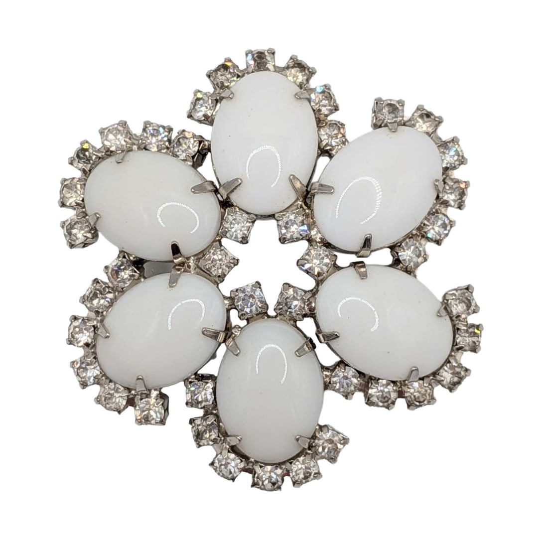 Weiss Silver Tone White Rhinestone Halo Flower Brooch: Weiss Silver Tone Metal, White Rhinestone Cabochon White Rhinestone Halo Flower Brooch. Part of a set. 30.9g