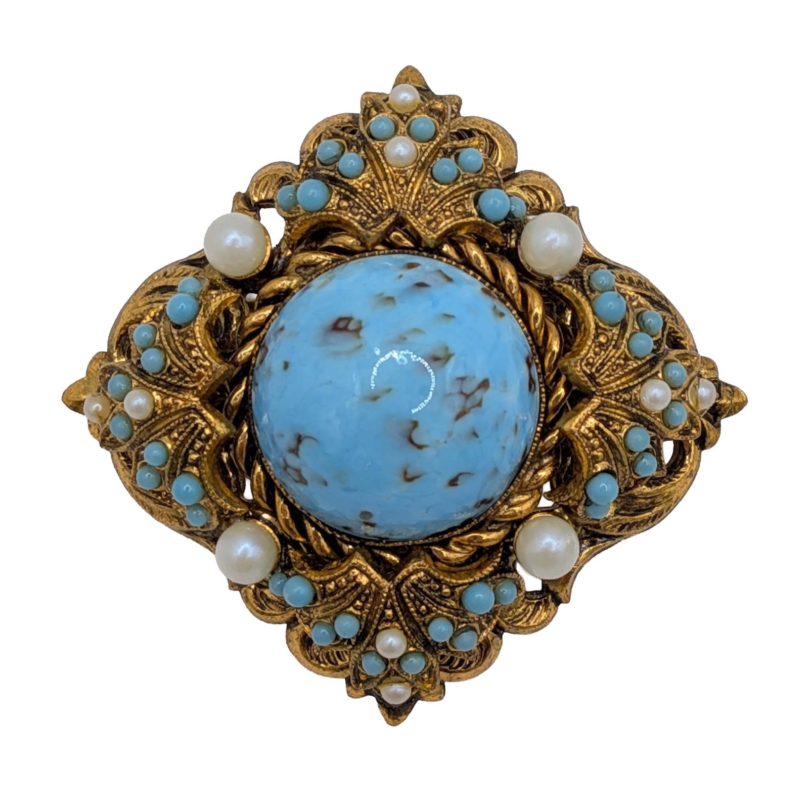 West German Gold Tone Faux Turquoise Faux Pearl Brooch (1 of 4)