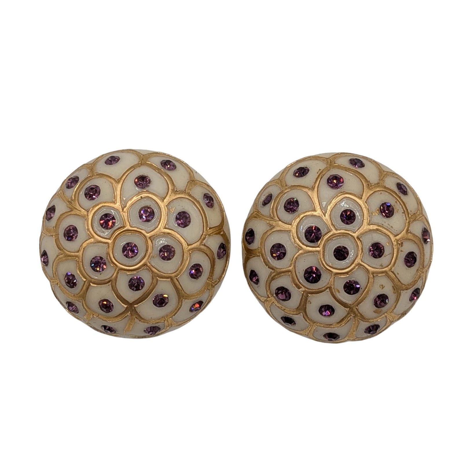Silver Tone White Resin Purple Rhinestone Dome Earrings: Silver Tone Metal, White Resin, Purple Rhinestone, Gold Paint Studded Dome Clip Back Earrings. 23.6g