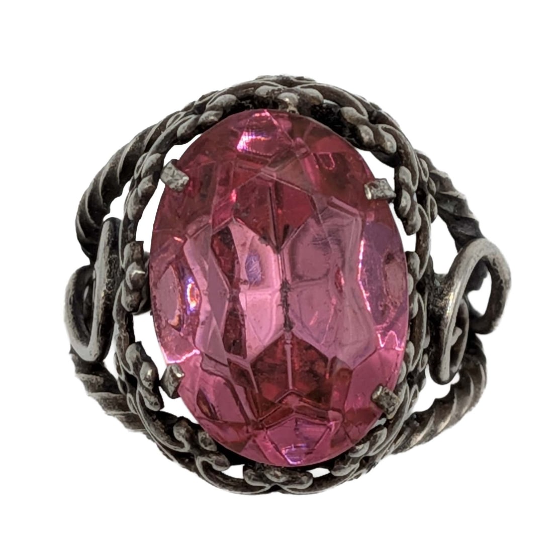 Sterling Silver Pink Rhinestone Open Work Adjustable Ring - 2