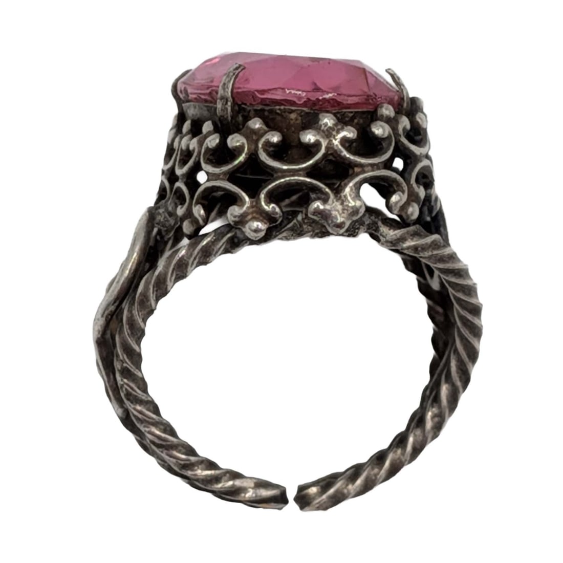 Sterling Silver Pink Rhinestone Open Work Adjustable Ring - 3