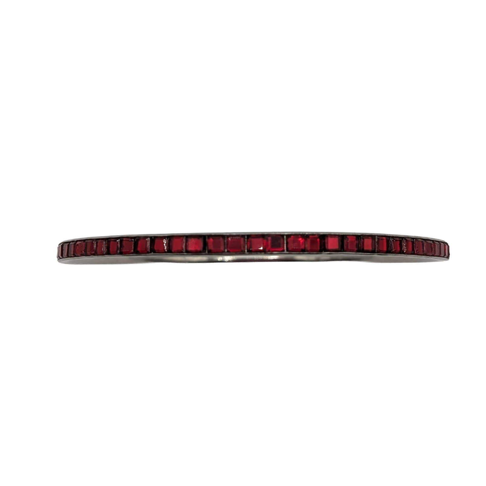 Silver Tone Red Rhinestone Bangle Bracelet: Silver Tone Metal, Red Rhinestone Bangle Bracelet. 8in Length. 10.3g