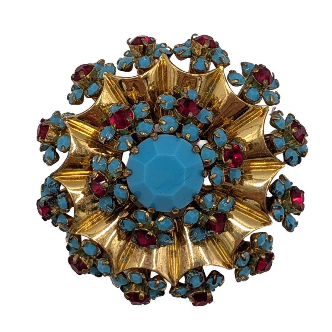 Gold Tone Faux Turquoise Red Rhinestone Starburst Brooch: Gold Tone Metal, Faux Turquoise, Red Rhinestone Starburst Brooch. 17.8g