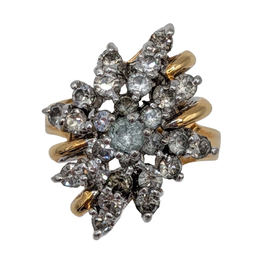 Gold Tone White Rhinestone Cluster Ring Size 6: Gold Tone Metal, White Rhinestone Cluster Ring. Size 6. Signed Sterling. 7.1g
