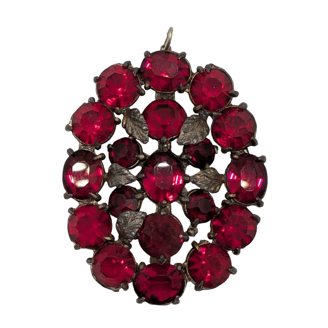 Vintage Silver Tone Red Rhinestone Cluster Leaf Pendant: Vintage Silver Tone Metal, Red Rhinestone Cluster Leaf Pendant. 23.7g