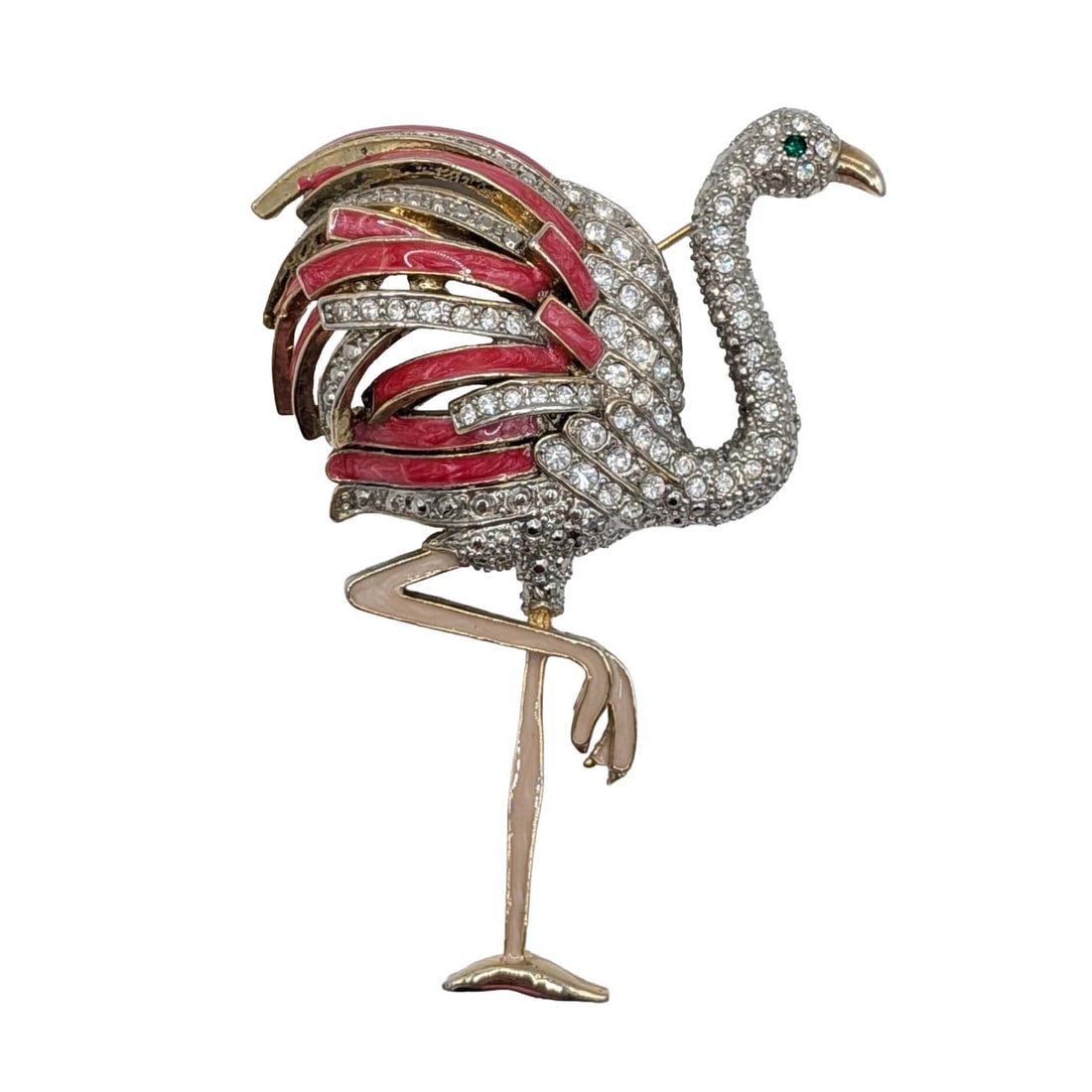 Gold Tone Rhinestone Enamel Flamingo Brooch: Gold Tone Metal, Pink Enamel Flamingo Brooch. AS IS broken clasp. 48.5g