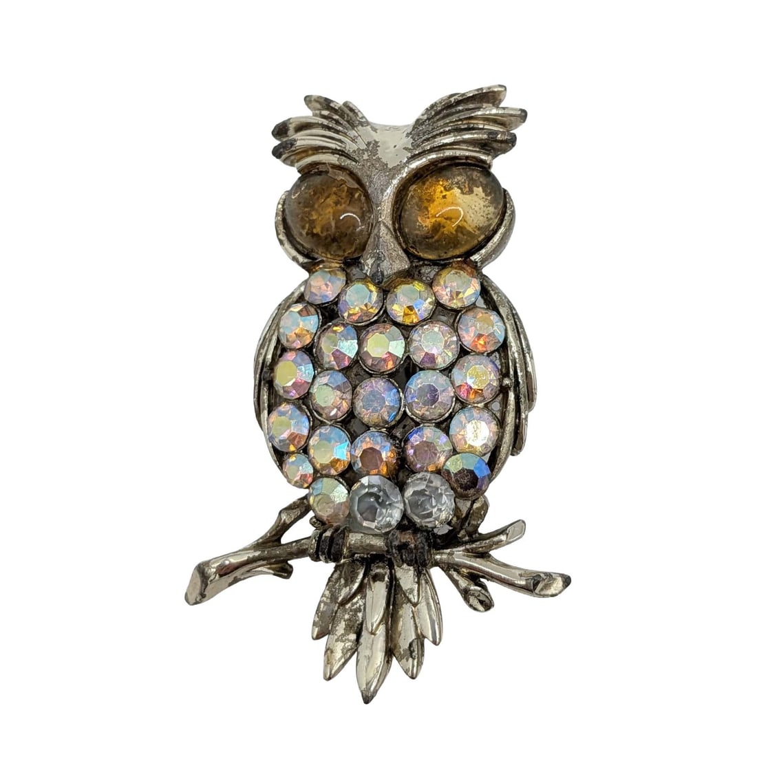 Coro Silver Tone Rhinestone Owl Brooch: Coro Silver Tone Metal, Iridescent Rhinestone Owl Brooch. AS IS two replaced rhinestones. Signed Coro. 19.3g
