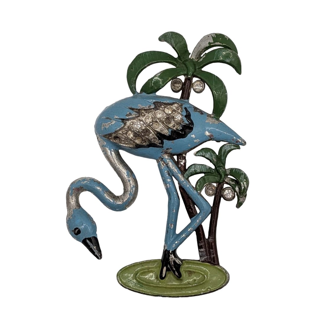 Silver Tone Enamel Rhinestone Palm Tree Flamingo Brooch: Silver Tone Metal, Enamel, Rhinestone Palm Tree Flamingo Brooch. AS IS chipped enamel, missing stones. 31.6g