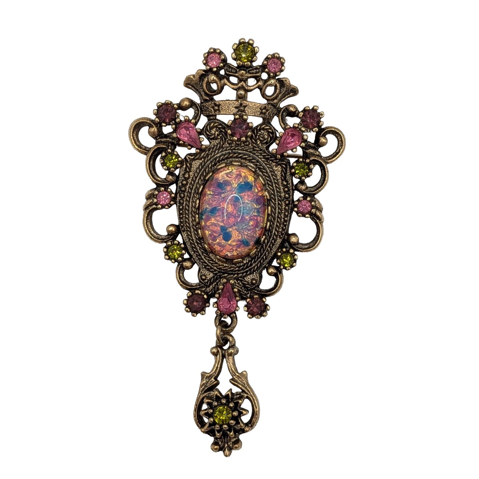 Sarah Coventry Gold Tone Rhinestone Contessa Pendant/Brooch: Sarah Coventry Gold Tone Metal, Rhinestone Faux Opal Contessa Pendant/Brooch. Signed Coventry. 24.4g