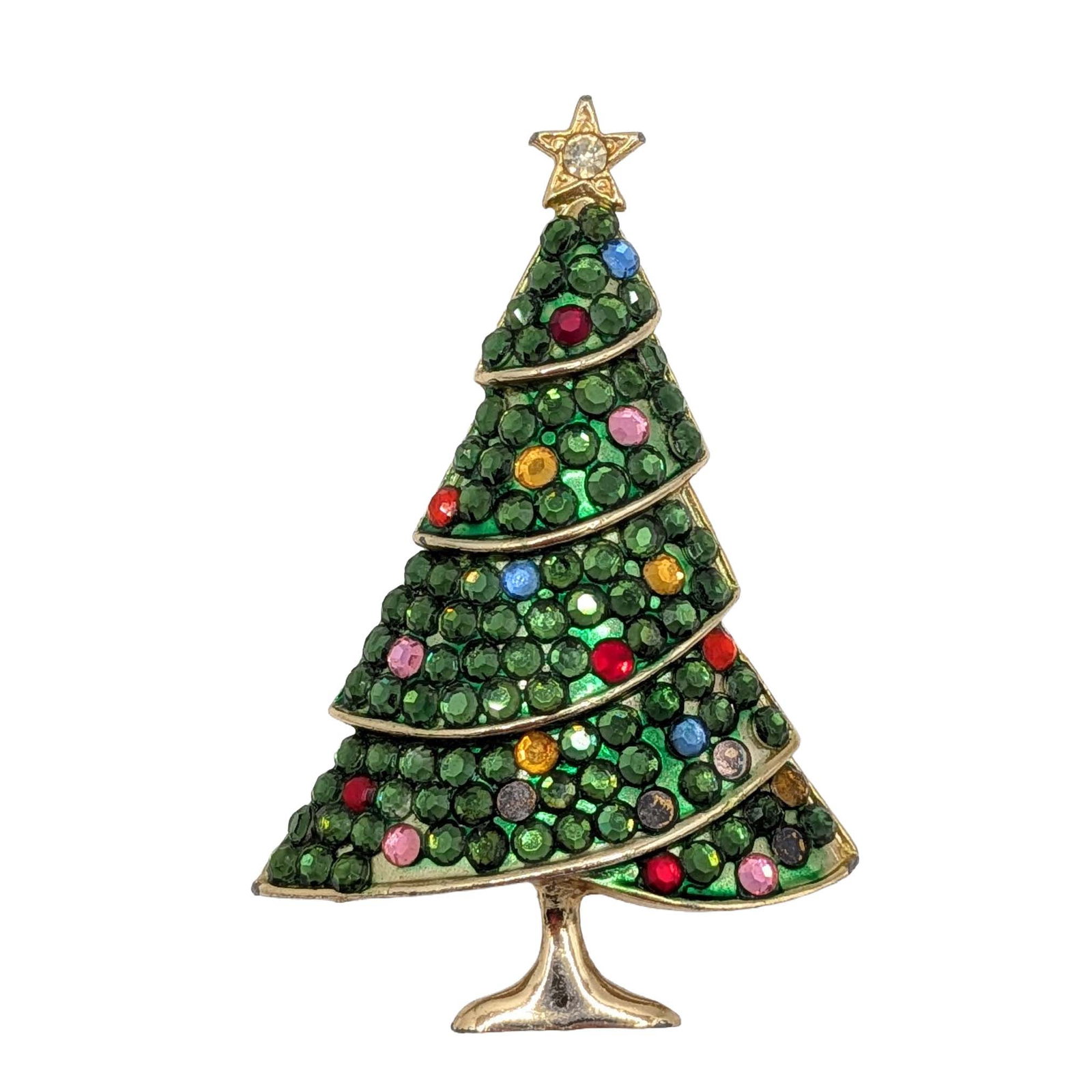 Weiss Vintage Gold Tone Rhinestone Christmas Tree Brooch: Weiss Gold Tone Metal, Rhinestone Christmas Tree Brooch. AS IS missing rhinestones. Signed Weiss. 15.8g