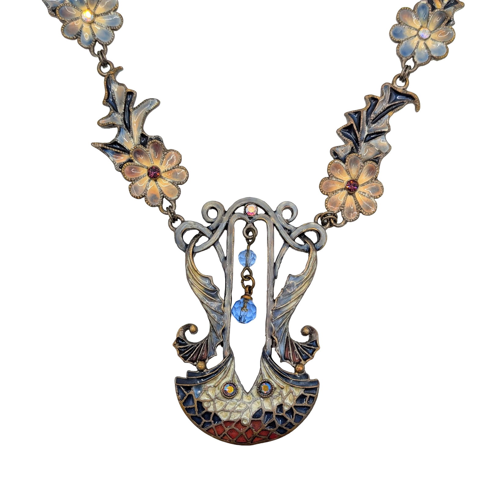 Gold Tone Rhinestone Resin Plique a Jour Style Floral Nouveau Necklace: Gold Tone Metal, Rhinestone, Resin Plique a Jour Style Floral Nouveau Necklace. 16-19in Length (Adjustable). 25.8g