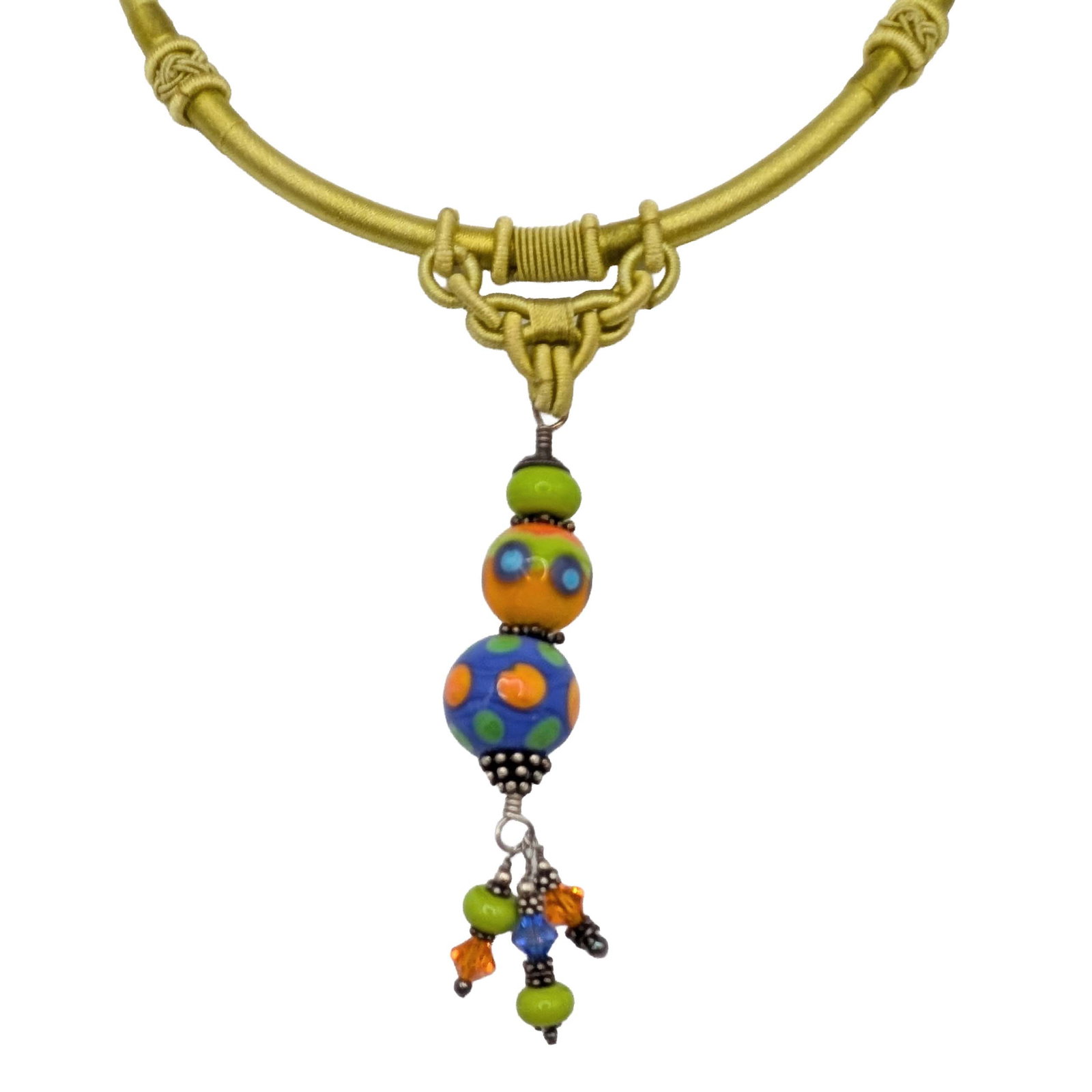 Sterling Silver Millefiori Glass Bead Dangle Necklace: Sterling Silver, Millefiori Glass Bead, Silk Cord Wrapped Woven Dangle Necklace. 18in Length. Signed 925. 34g