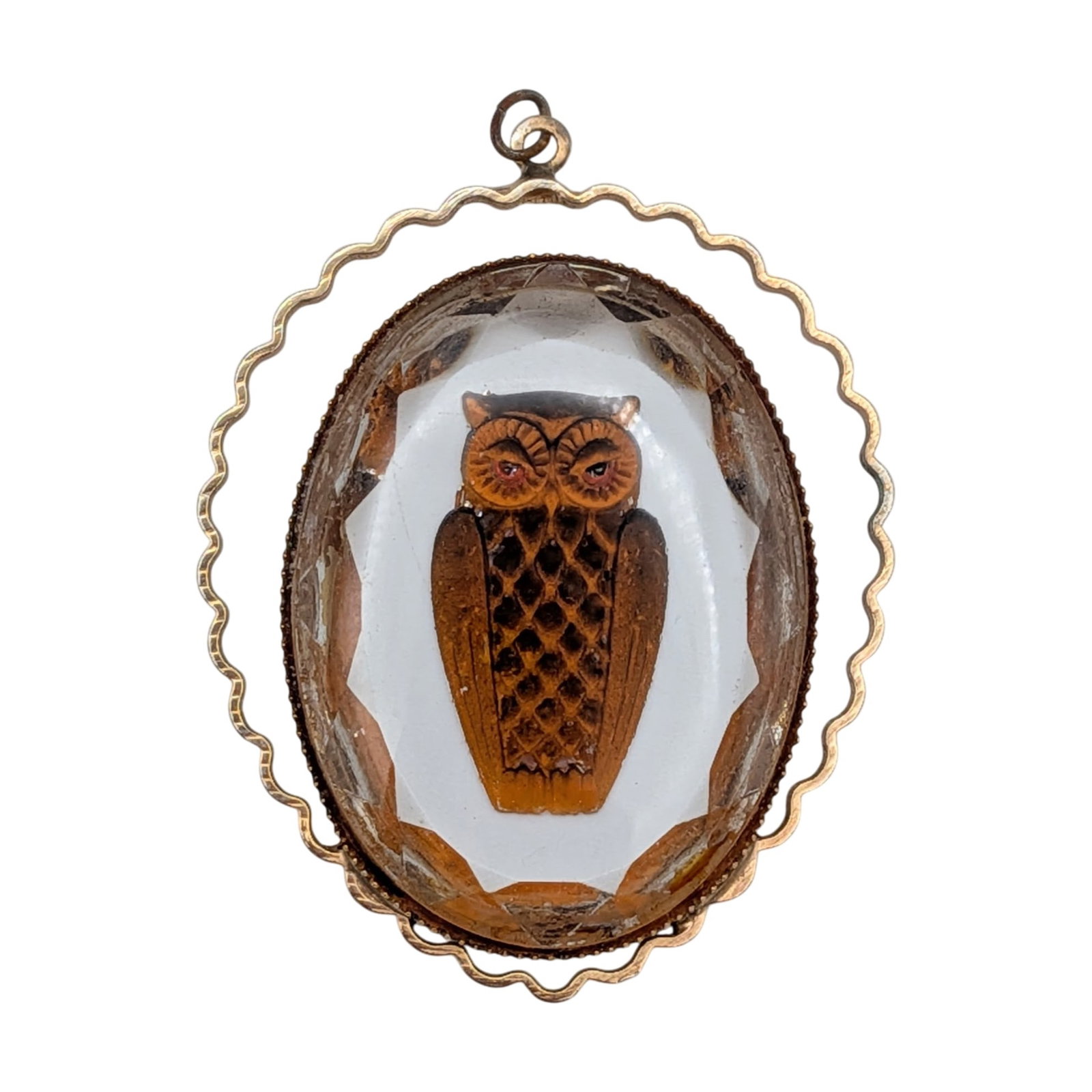 Gold Tone Metal Carved Reverse Intaglio Glass Owl Pendant (1 of 3)