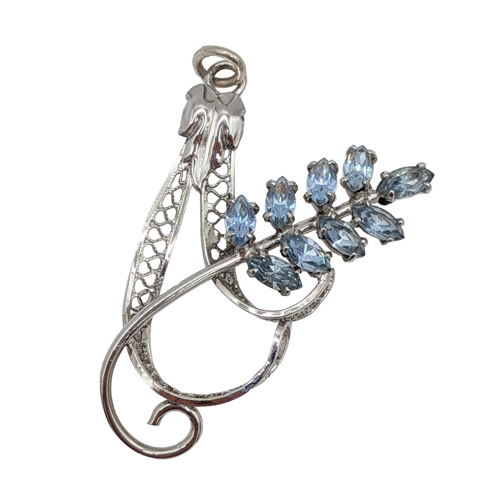 Sorrento Sterling Silver Blue Rhinestone Leaf Swirl Pendant (1 of 3)