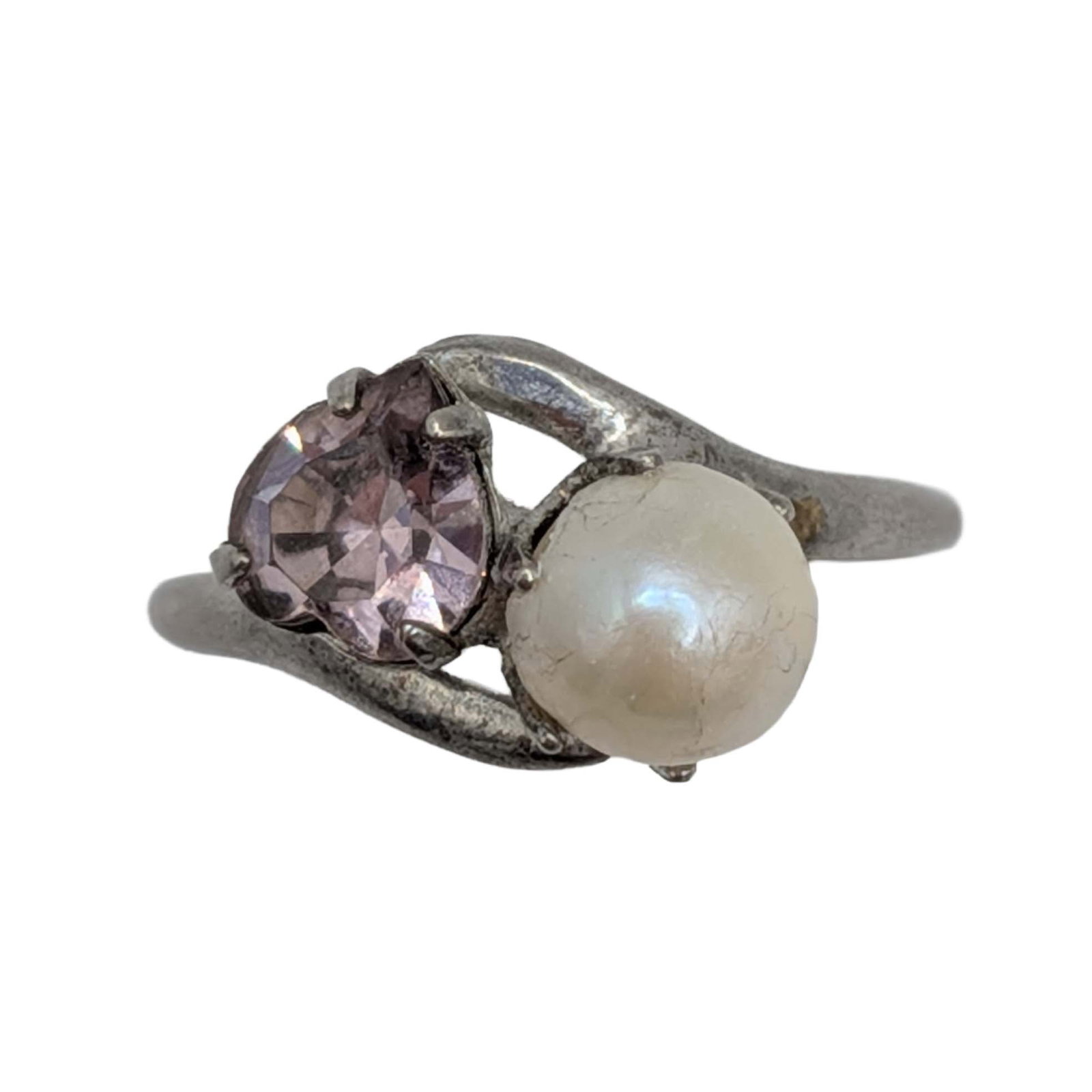 Signed Sterling Silver Pearlized Glass Rhinestone Heart Ring Size 7.25: Signed Sterling Silver, Pearlized Glass Rhinestone Heart Ring. AS IS pearl missing some coverage. Size 7.25. Signed MH arrows Sterling. 1.6g