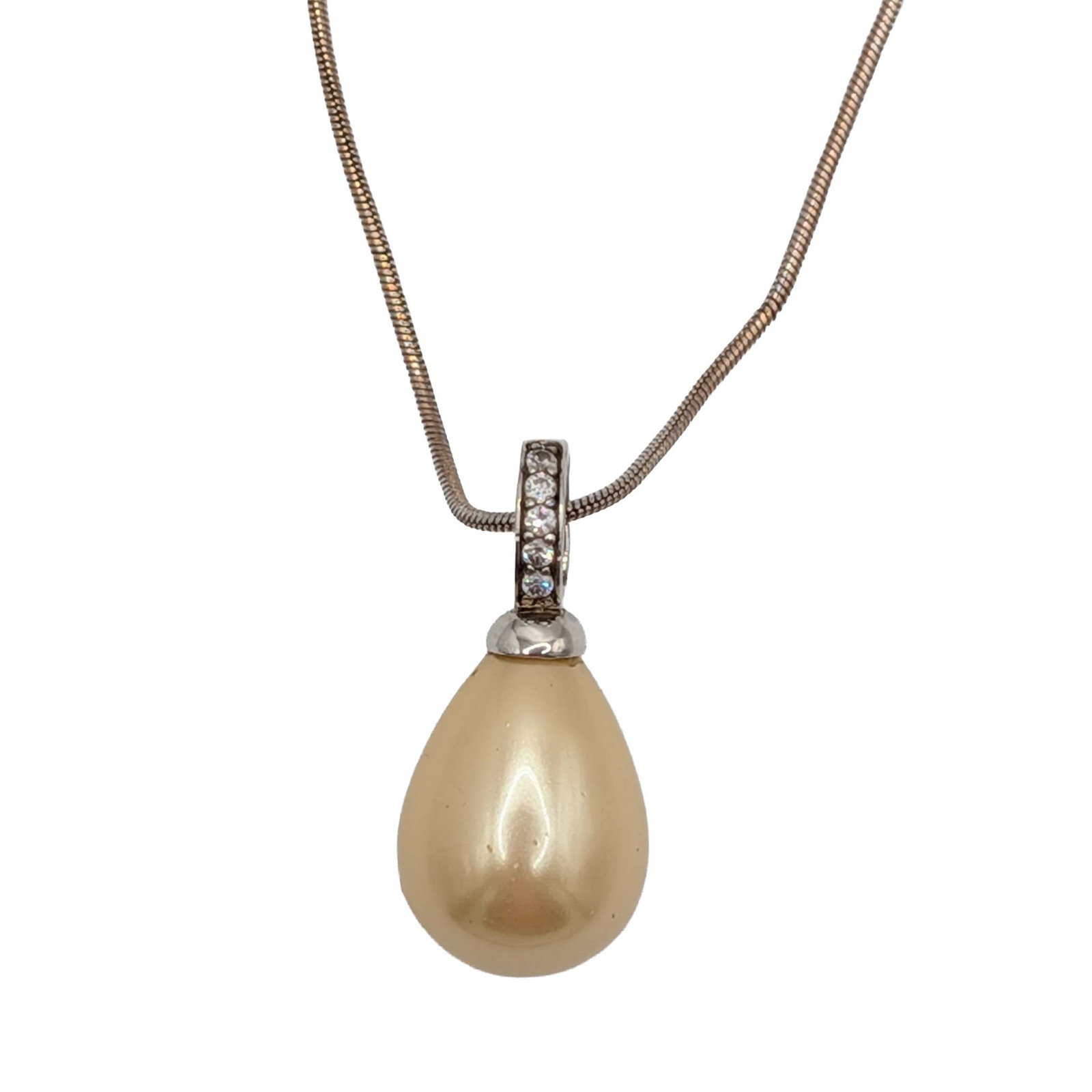 Signed Sterling Silver Faux Pearl CZ Drop Pendant Necklace (1 of 4)