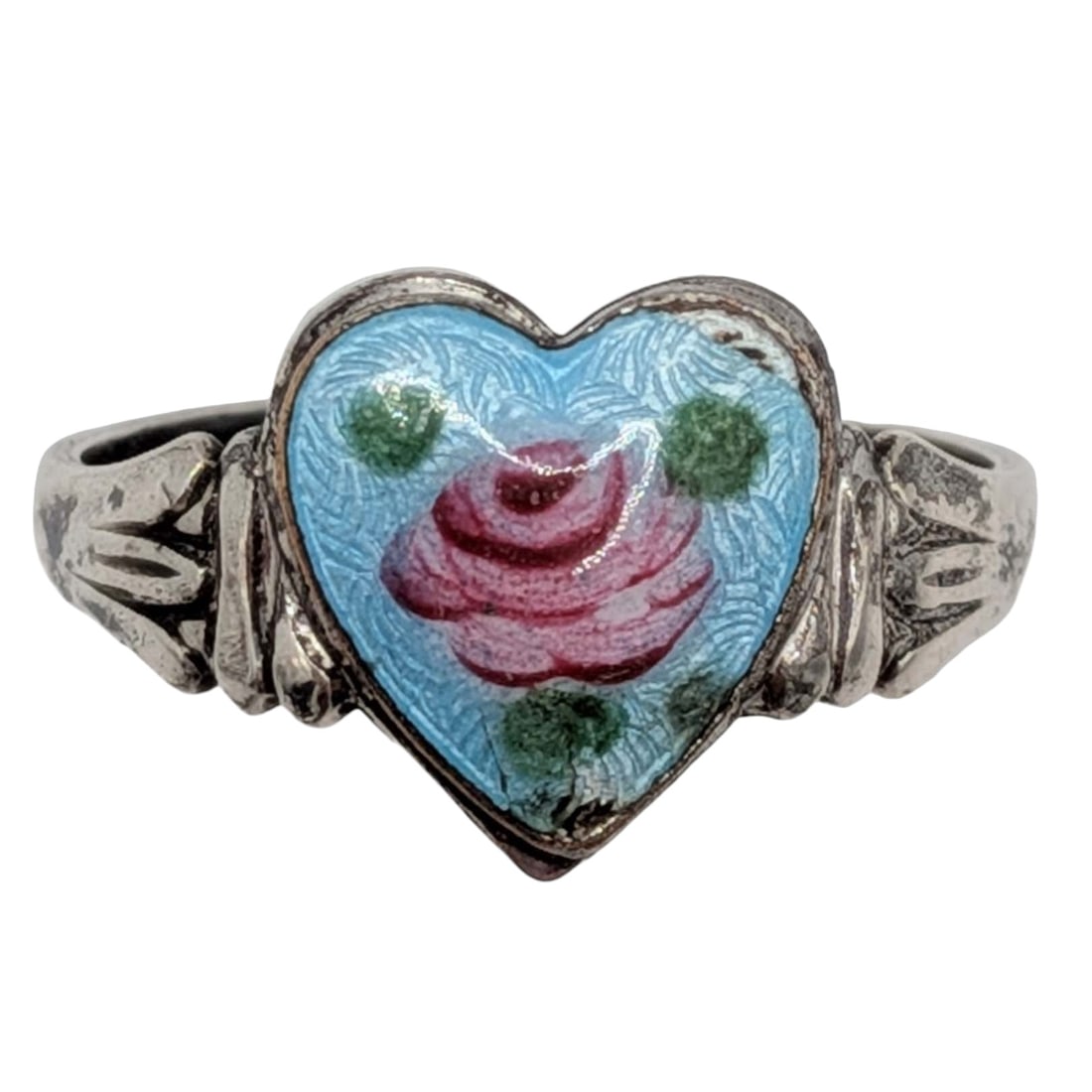 Sterling Silver Guilloche Enamel Rose Heart Adjustable Ring: Sterling Silver, Guilloche Enamel Painted Rose Heart Ring. Approx Size 6 (Adjustable). Signed Sterling. 2.8g, As-is, enamel missing as shown in photo