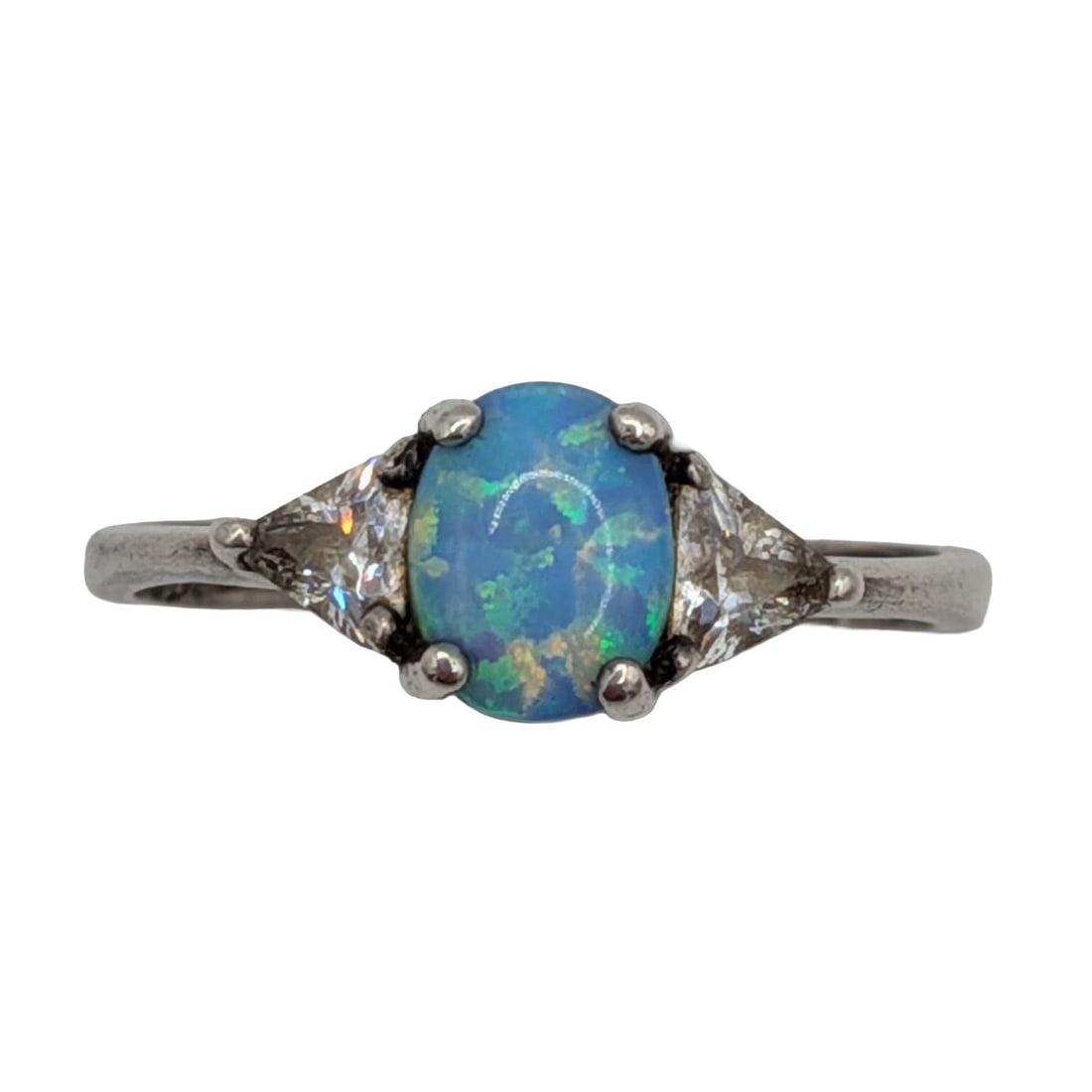 Avon Sterling Silver Faux Opal Rhinestone Three Stone Ring Size 10.25 (1 of 6)