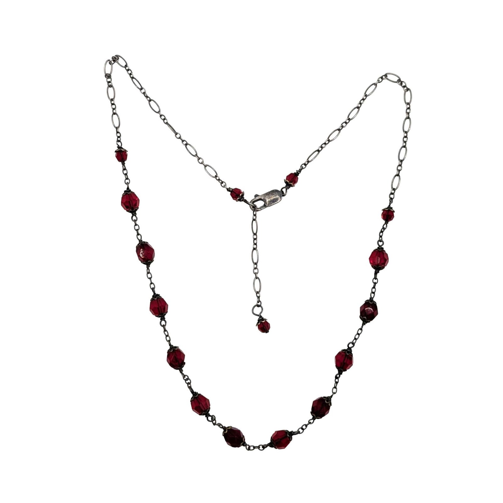 Sterling Silver Red Glass Bead Sectional Necklace: Sterling Silver, Red Glass Bead Sectional Necklace. 16-18in Length (Adjustable). Signed 925. 6g