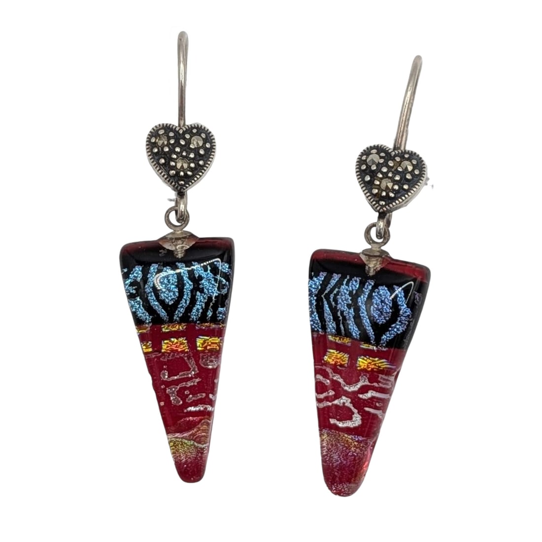 Sterling Silver Marcasite Dichroic Glass Dangle Earrings: Sterling Silver, Marcasite Heart Dichroic Glass Dangle Earrings. 8g