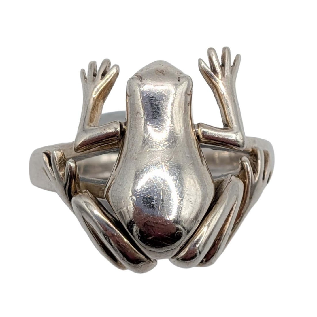 Signed Sterling Silver Articulated Frog Ring Size 6.5: Signed Sterling Silver Articulated Frog Ring. Moving arms and legs. Size 6.5. Signed SX 925 Thailand. 5.6g