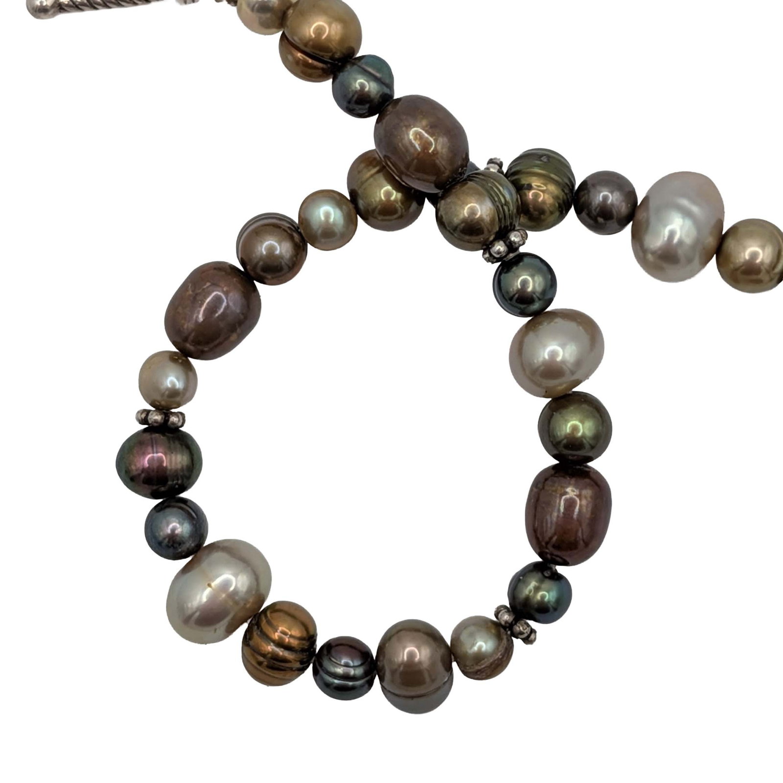 Sterling Silver Multi Colored Pearl Bracelet: Sterling Silver, Multi Colored Pearl Toggle Clasp Bracelet. 7.5in Length. 9.8g