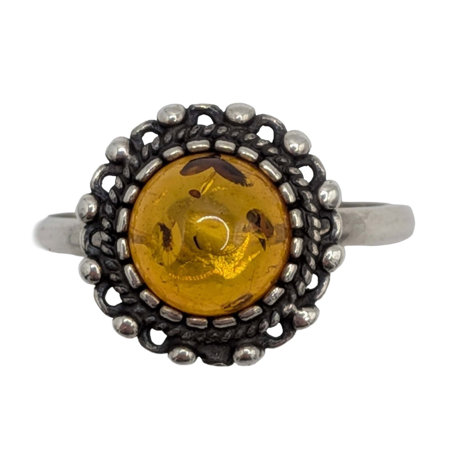 Signed Vintage Sterling Silver Amber Scroll Flower Ring Size 7.5: Signed Vintage Sterling Silver, Amber Open Scroll Flower Ring. Size 7.5. Signed JLa inside diamond. 2.7g