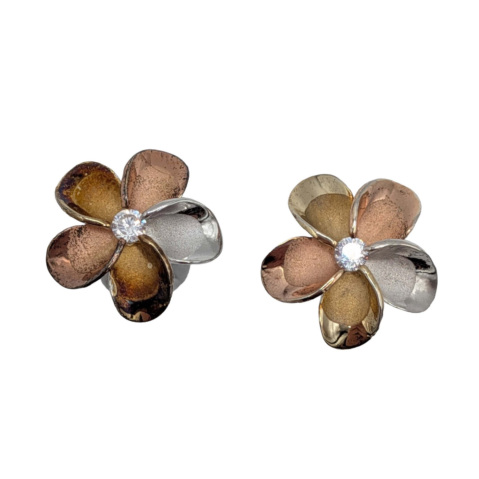 Signed Gold Over Sterling Silver 3 Tone Flower Stud CZ Earrings: Signed Gold Over Sterling Silver 3 Tone Flower Stud CZ Earrings. Signed Silver 925 K. 1.8g