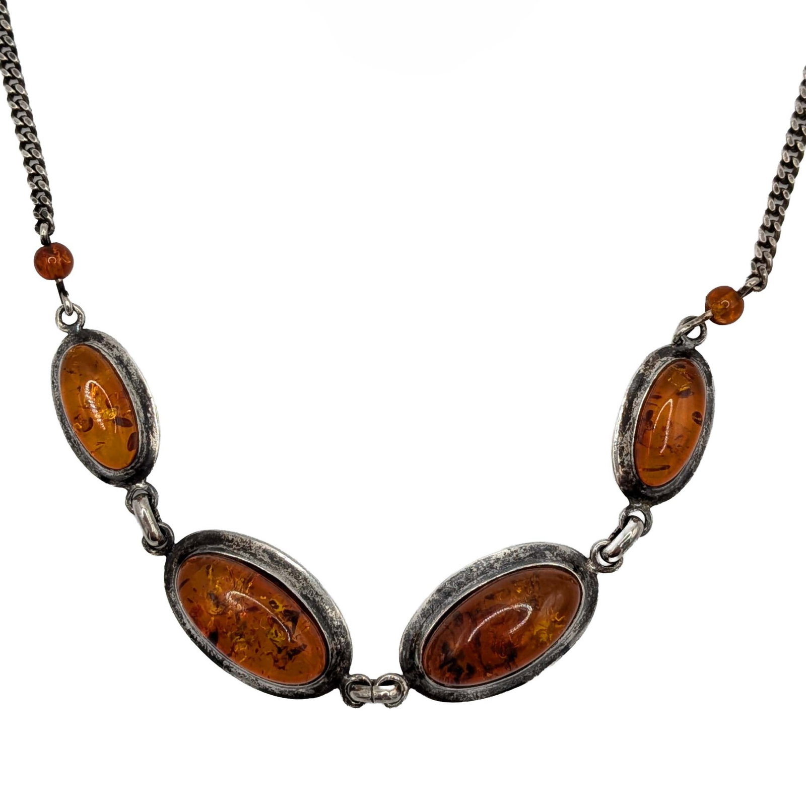 Signed Sterling Silver Amber Link Necklace: Signed Sterling Silver, Amber Link Necklace. 18in Length. Signed 925 illegible. 17.8g