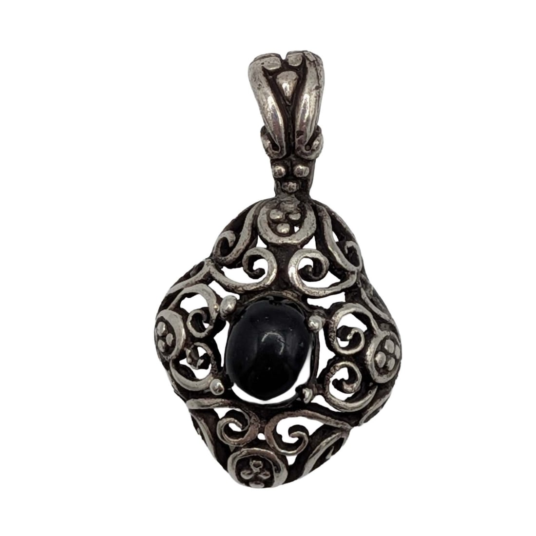Signed Sterling Silver Onyx Open Scrollwork Pendant: Signed Sterling Silver, Round Onyx Open Scrollwork Pendant. Signed E 925. 3g