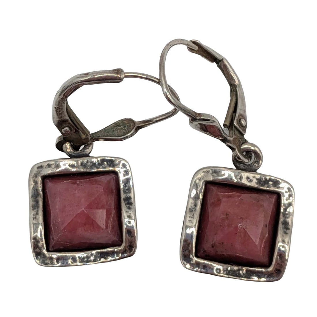 Signed Israel Sterling Silver Rhodonite Wavy Square Dangle Drop Earrings (1 of 3)