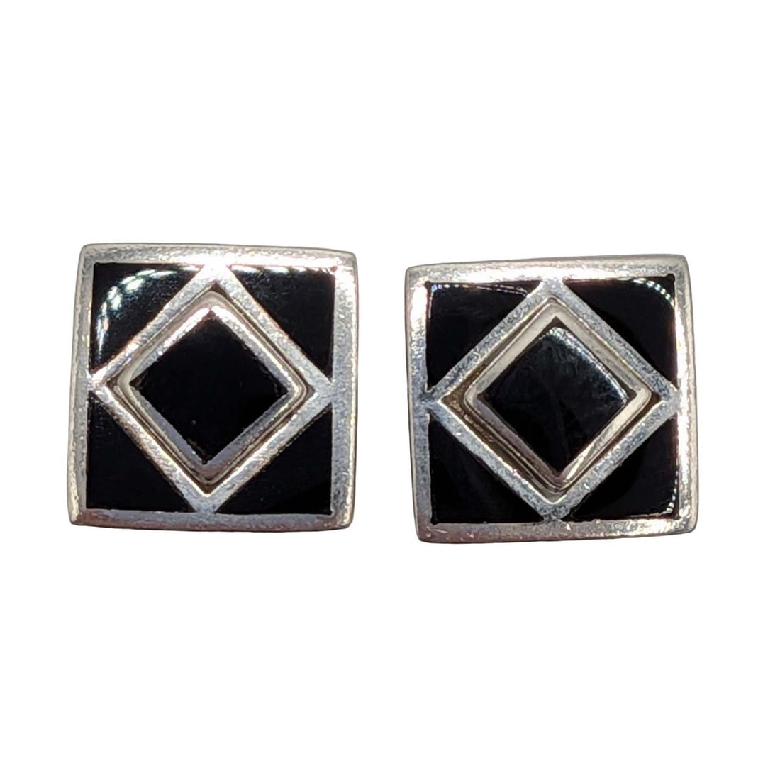 Signed Sterling Silver Onyx Inlay Convertible Jacket Stud Earrings: Signed Sterling Silver, Onyx Inlay Convertible Jacket Stud Earrings. Signed 925 LT Thailand. 4.4g