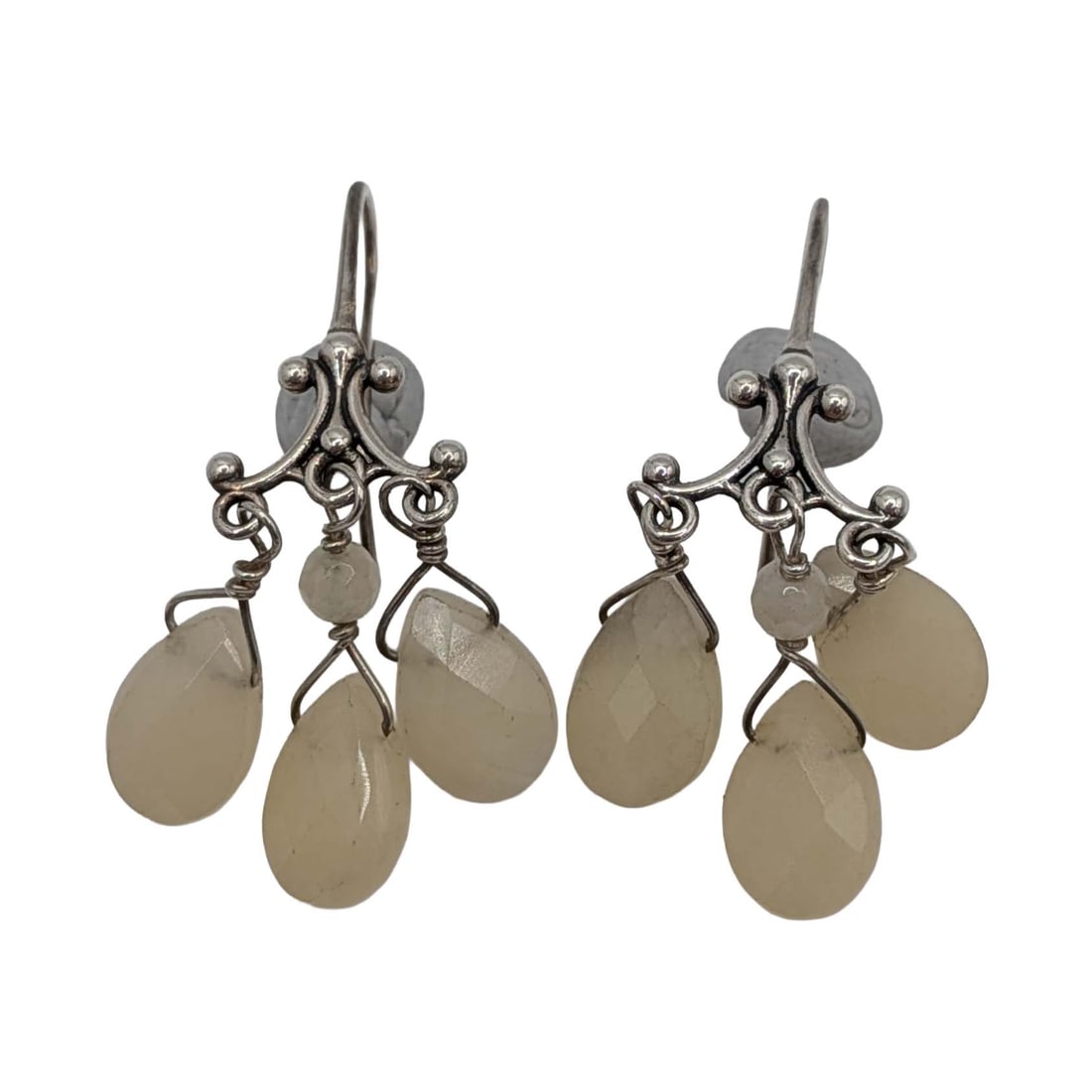 Sterling Silver White Jadeite Chandelier Dangle Earrings: Sterling Silver, White Jadeite Chandelier Dangle Earrings. 6g
