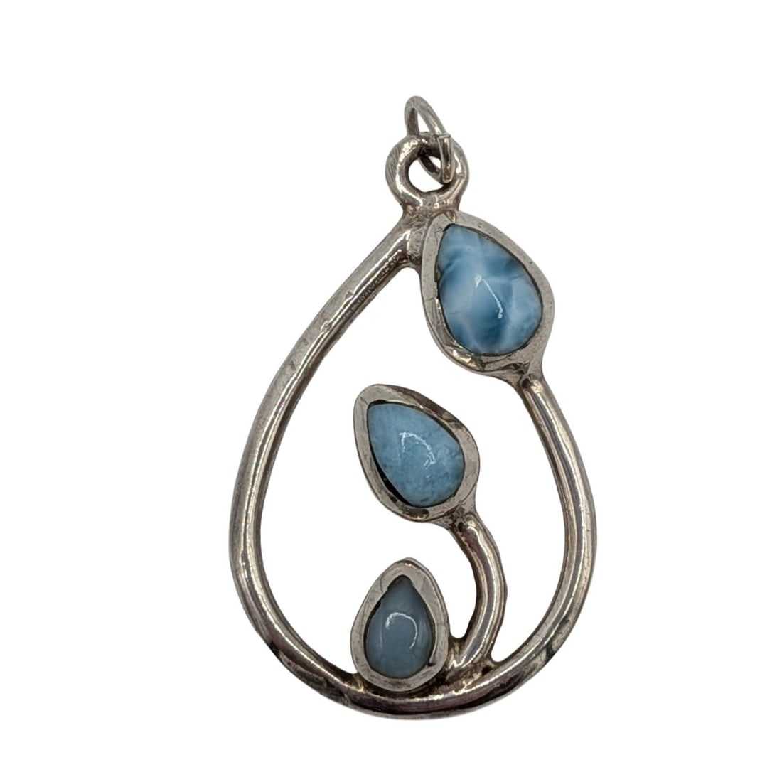 Sterling Silver Larimar Three Stone Drop Pendant: Sterling Silver, Larimar Three Stone Drop Pendant. Signed 925. 6.2g