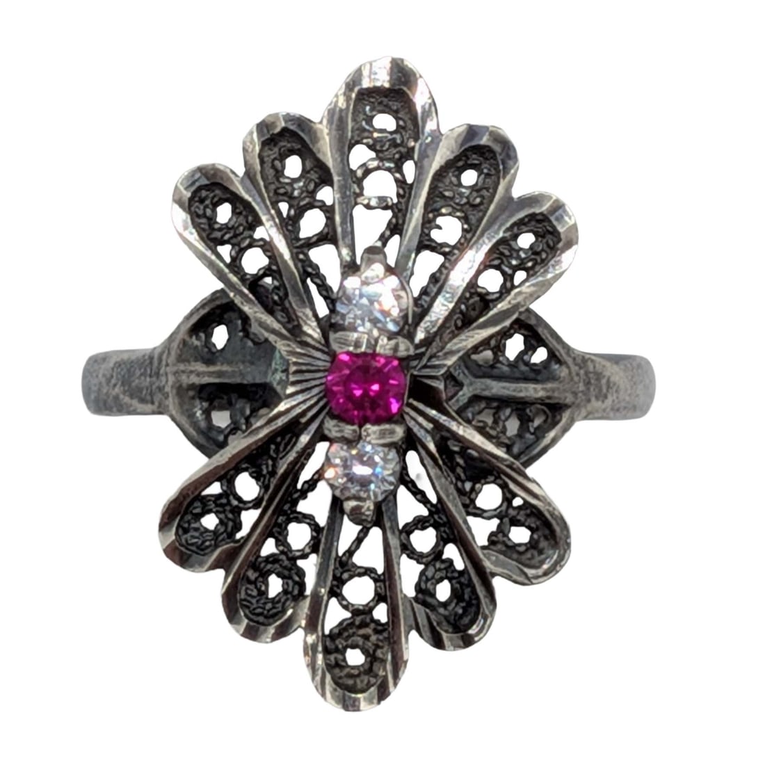 Signed Sterling Silver Ruby CZ Filigree Shield Ring Size 7.75: Signed Sterling Silver, Ruby, CZ Filigree Shield Ring. Size 7.75. Signed S in diamond Turkey 925. 2.8g