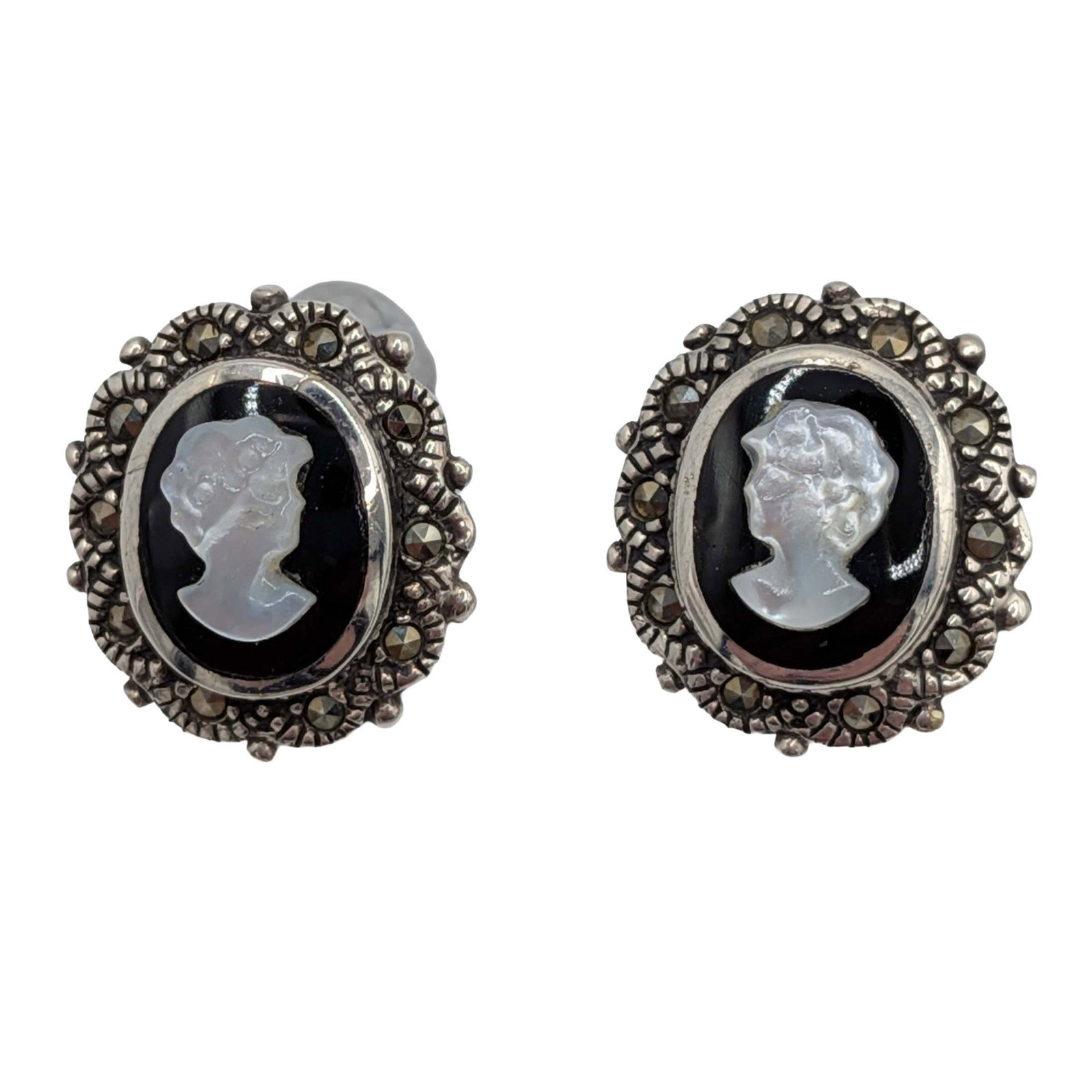 Sterling Silver Onyx Mother Of Pearl Marcasite Cameo Stud Earrings (1 of 3)