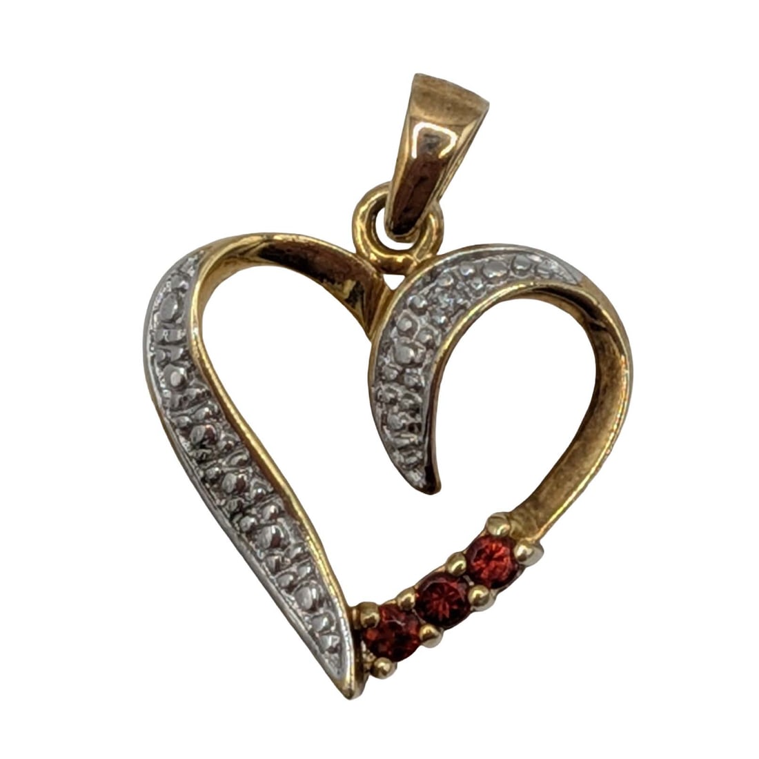 Signed Gold Over Sterling Silver Diamond Garnet Open Heart Pendant: Signed Gold Over Sterling Silver, Diamond, Garnet Open Heart Pendant. Signed RSE 925. 2g