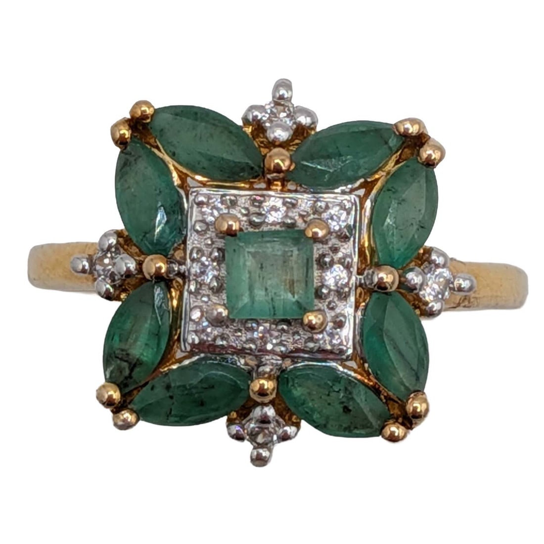 Signed Gold Over Sterling Silver Emerald White Spinel Cross Ring Size 7: Signed Gold Over Sterling Silver, Emerald, White Spinel Cluster Cross Ring. Size 7. Signed BBJ 925. 3.2g